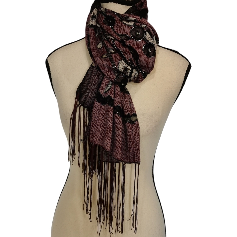 Pineapple Moon Burnout Poppy Embroidered Fringed Scarf - Picture 2 of 6